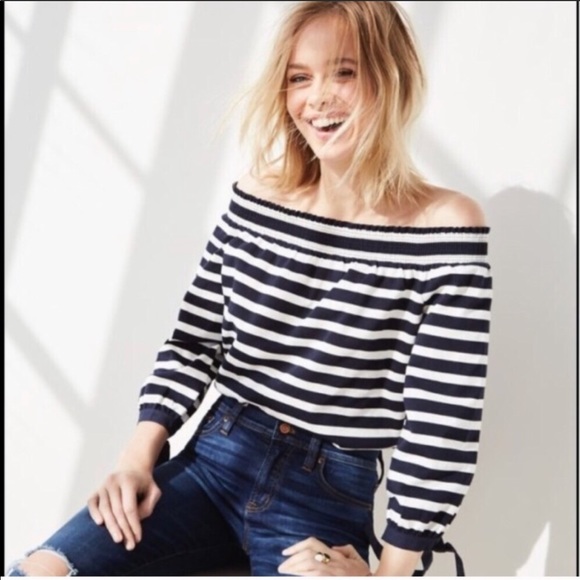 J. Crew Tops - JCREW Striped Off the shoulder Navy top L